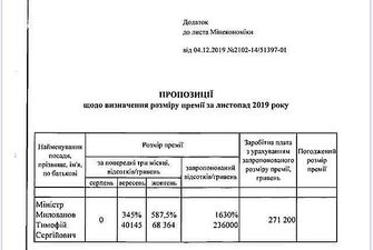 Министру экономики хотят выдать премию в 236 тысяч гривен