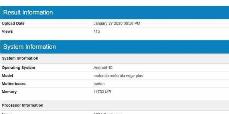 Motorola Edge+ появился в базе Geekbench с чипом Snapdragon 865 и 12 Гбайт ОЗУ