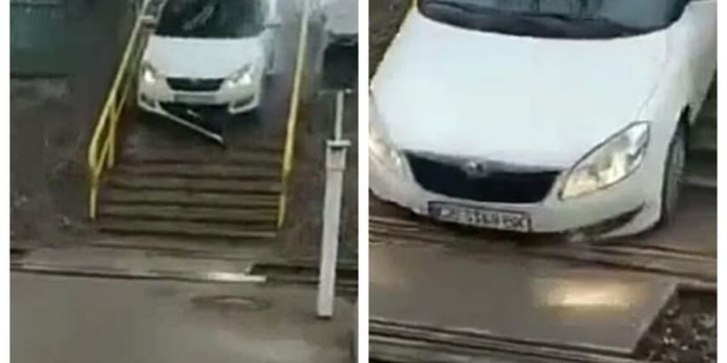 В Киеве водитель объехал пробку по ступенькам и попал на видео