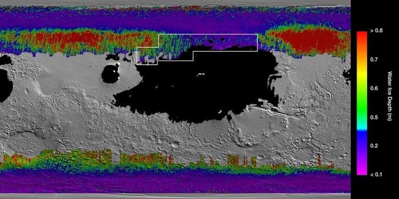 NASA создало карту залежей марсианского льда, которая должна определить места высадки людей
