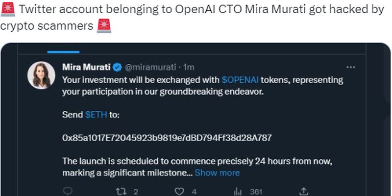 Технический директор OpenAI «рекламировала» криптоскам. Ее верифицированный аккаунт взломали хакеры