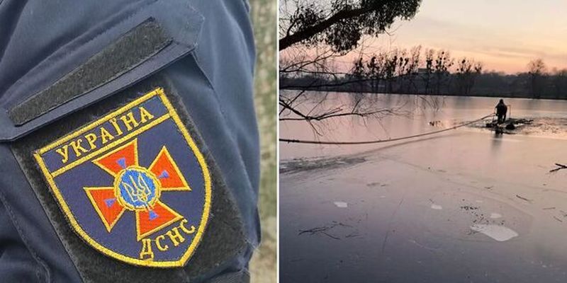 На Киевщине спасатели помогли мужчине с ребенком, которые оказались на понтоне посреди замерзшей реки. Фото