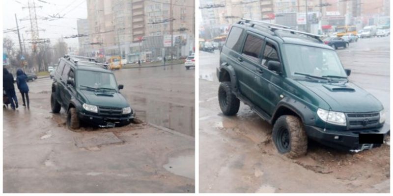 В Одессе припаркованный внедорожник провалился под землю