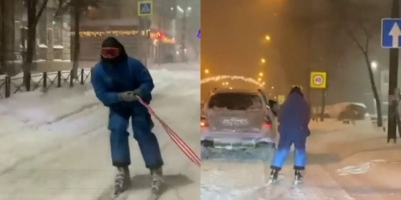 Россиянин "прокатился с ветерком" на лыжах по заснеженным улицам