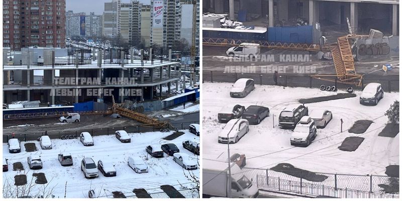 В Киеве рухнул строительный кран и повредил трубу: начался мощный потоп