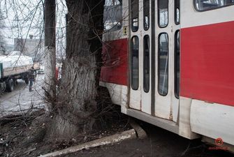 В Днепре трамвай слетел с рельсов и врезался в дерево: фото и видео жуткого ДТП
