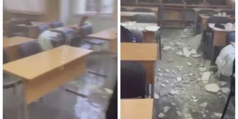 В школе Одессы потолок обрушился на головы детей во время урока: видео ЧП