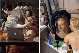 Художник смешал два разных периода времени, объединяя фигуры классических картин с современным окружением