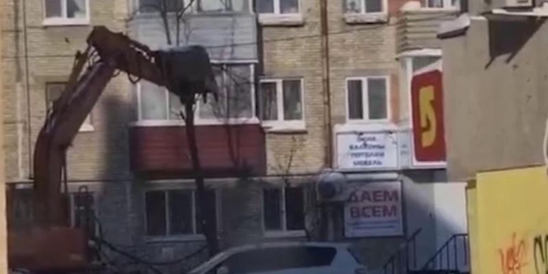 В России деревья подрезали ковшом экскаватора