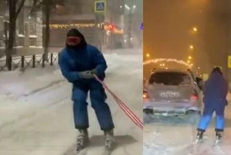 Россиянин "прокатился с ветерком" на лыжах по заснеженным улицам