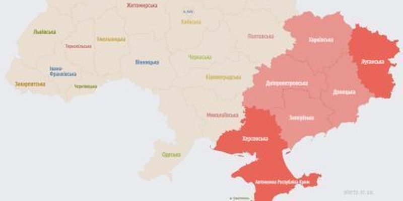 Несколько украинских областей снова "покраснели" из-за воздушной тревоги